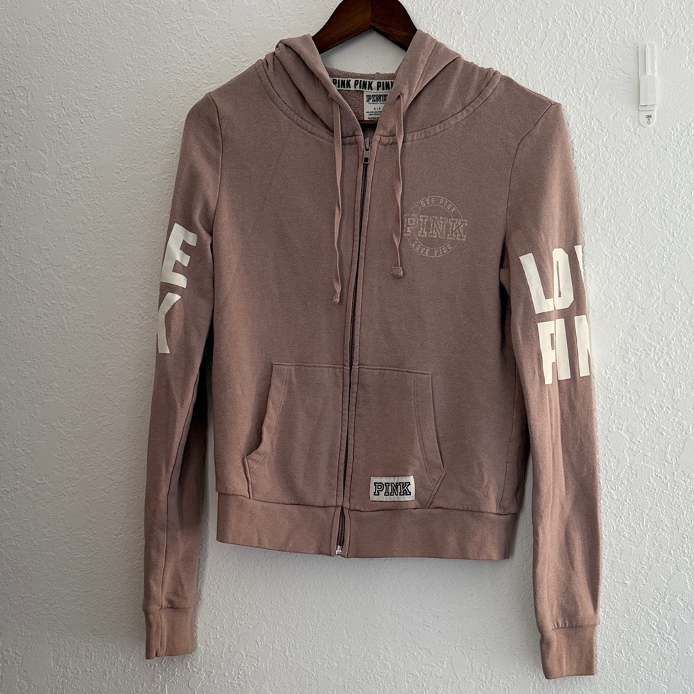 Victoria’s Secret Pink Dusty Rose Zip Hoodie Love Pink Logo Women’s Size Small - Picture 1 of 10